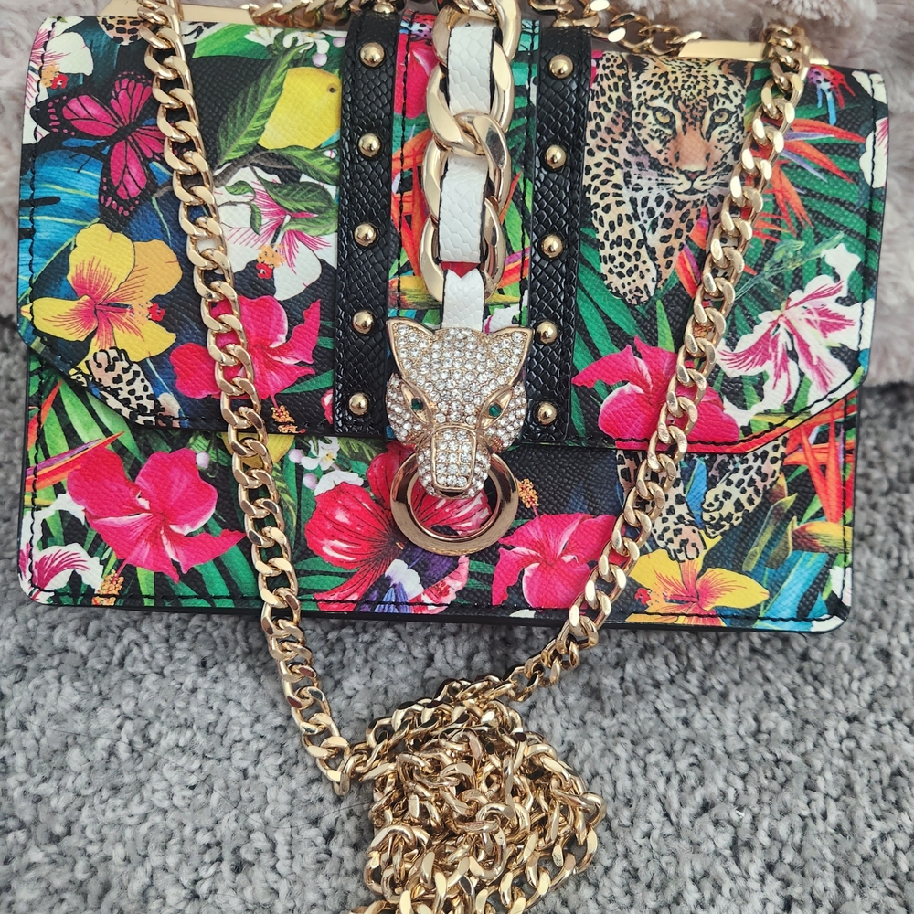 Tropical Print Crossbody Bag with Gold Chain